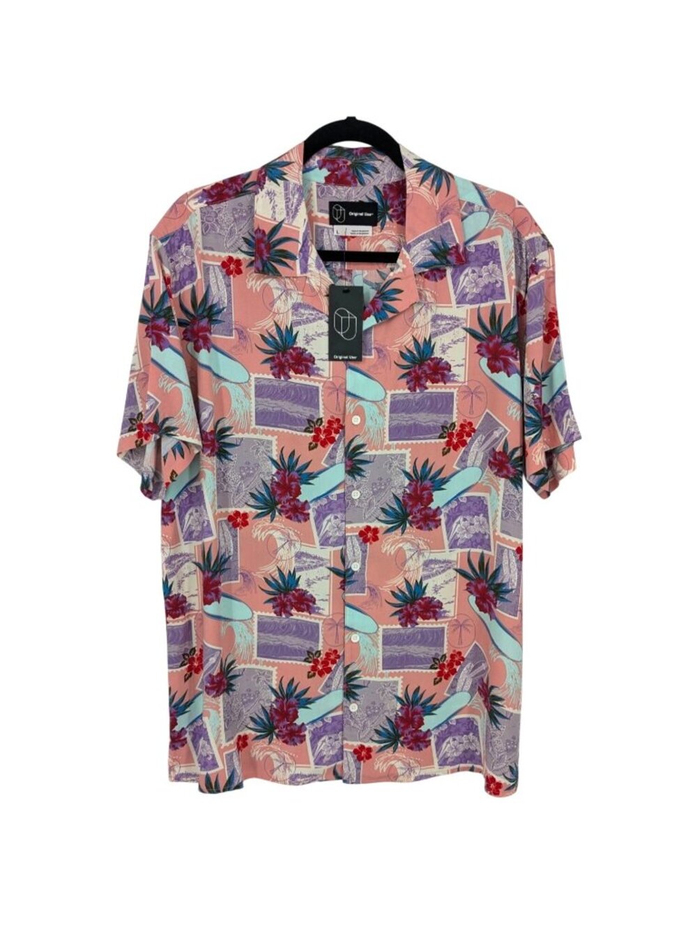 Hawaiian Surf Aloha Button Up Shirt Tropical Floral Palm Beach Retro 90s Large